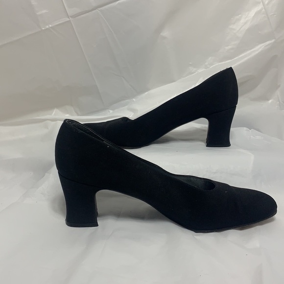 VINTAGE Stuart Weitzman Black Fabric Square Toe Slip On Heels Women’s Sz 8M - Picture 6 of 10